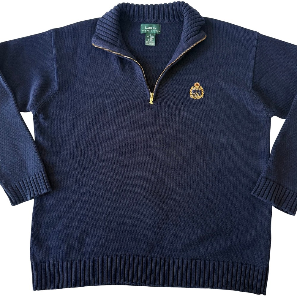 Lauren Ralph Lauren Mens Large Navy Blue Cotton Quarter Zip Crest Logo Sweater